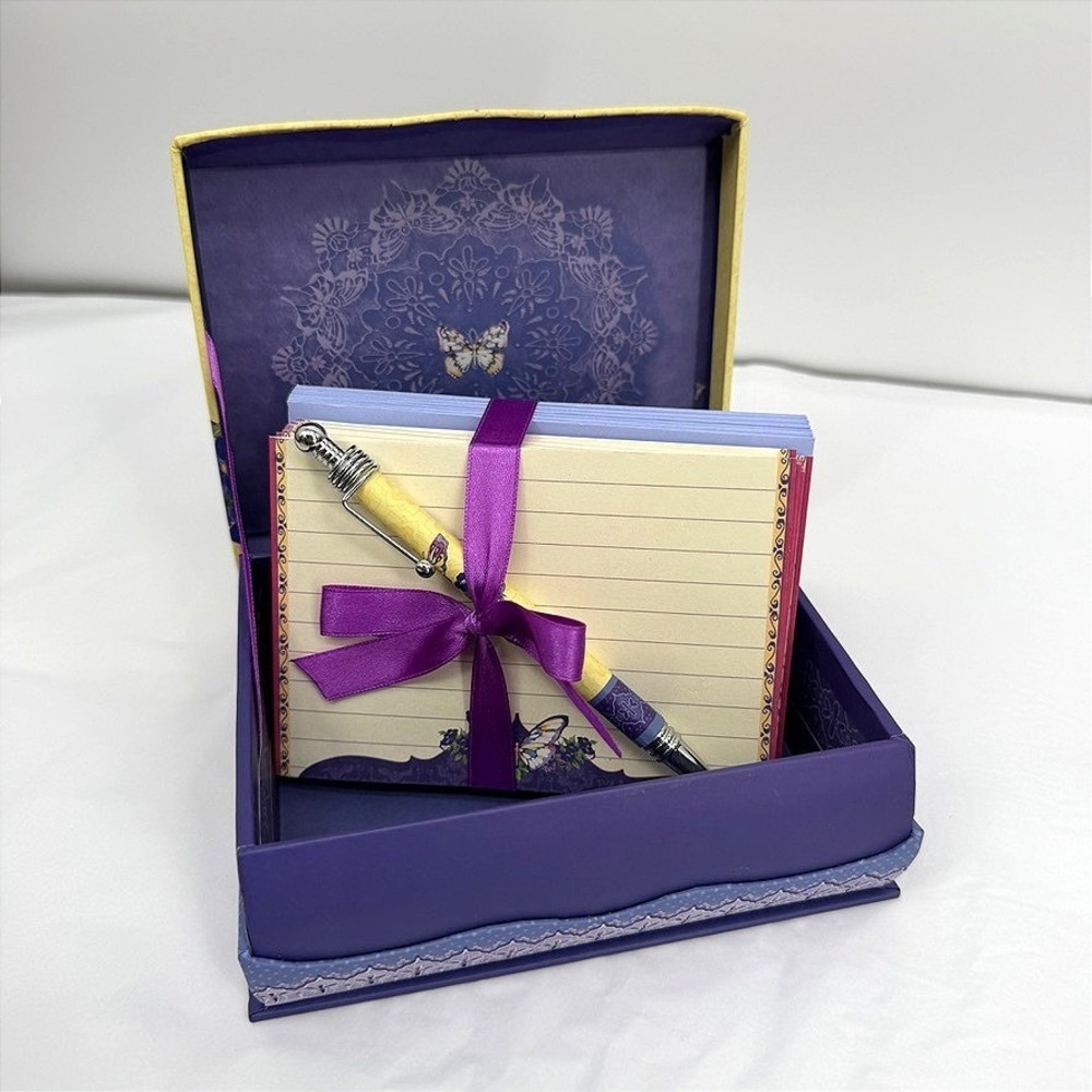 Pictura Stationery Set Butterfly Floral Purple Blue Keepsake Box w/‎ Pen NEW